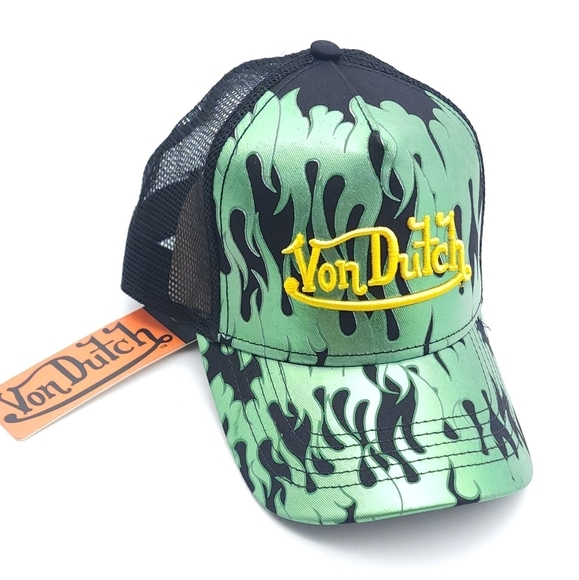 Von Dutch CITY OF ANGELS GREEN Flames Embroidered TRUCKER Hat Brand New - Picture 3 of 12